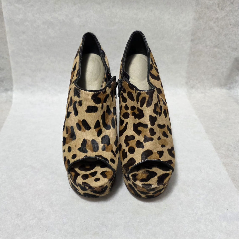 Leopard Print Pony Hair Platform Wedge Booties - Peep Toe - Size 8M
